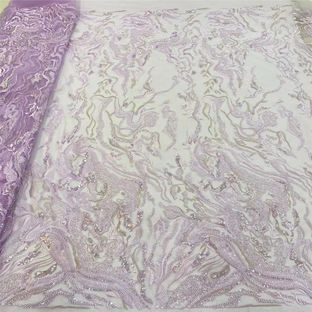 

African Lace Fabric 2021 High Quality Handmade Beaded Lace Nigerian Tulle Lace Fabrics Sewing French Lace Fabric