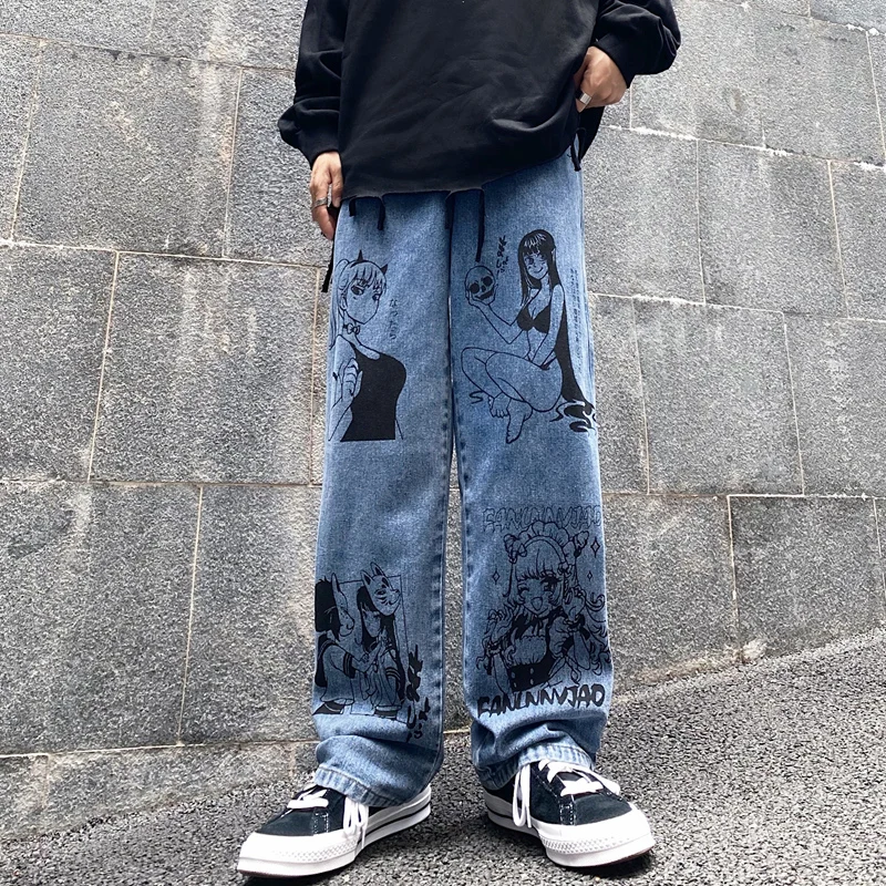 

Vintage Washed Jeans Women Streetwear Jeans Harajuku Cartoon Anime Print Jeans Fashion Man Jeans Loose Wide Leg Pants Cotton