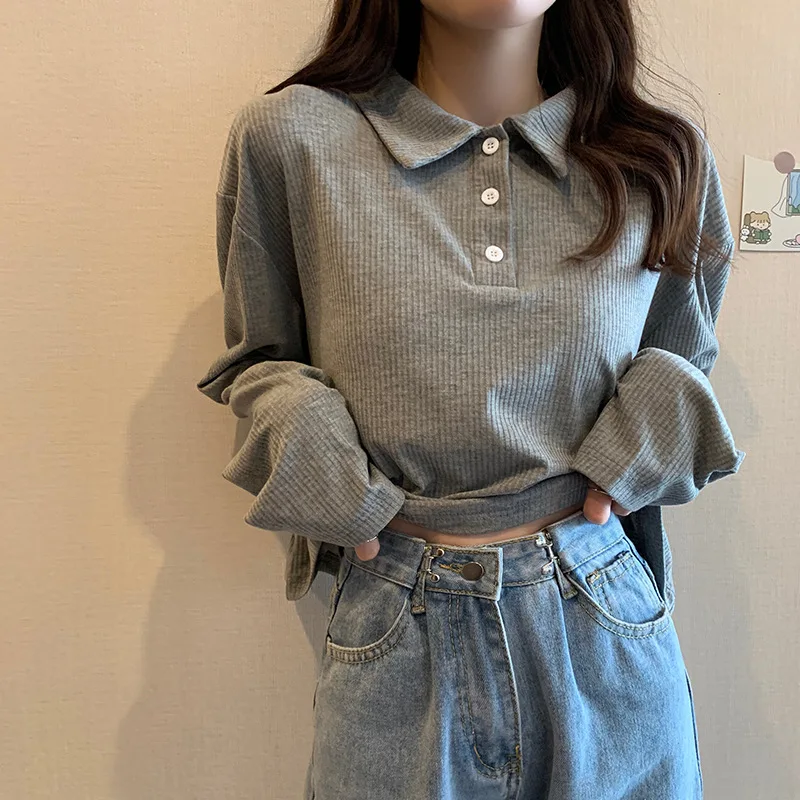 

Vintage Gray Polo Collar Pullover Thin Knit Cropped Sweaters Women Loose Plus Size Fashion Bottoming Tops Elegant Office Lady