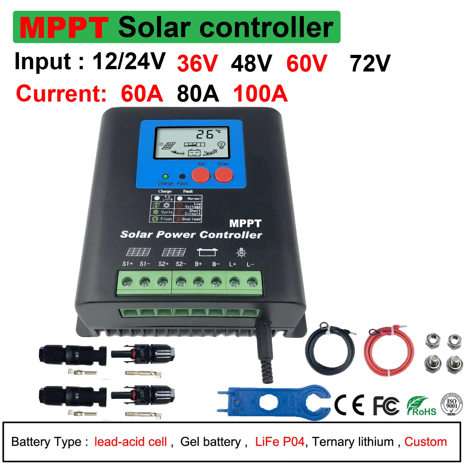 

60/80/100A MPPT Solar Charge Controller LCD Display 12 24 36 48 60 72 Solar Cell Panel Charger Regulator Load Discharger