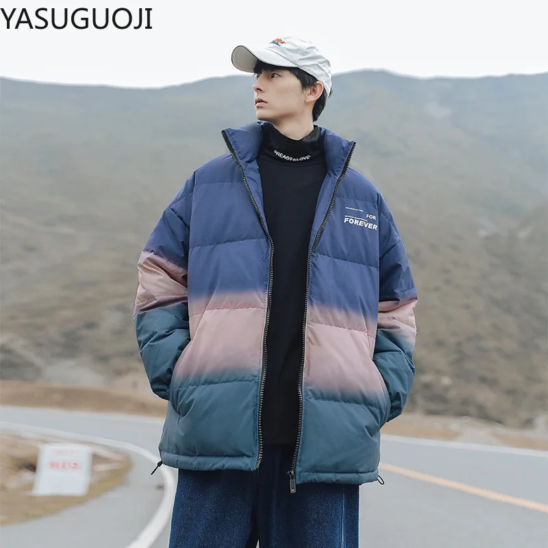 YASUGUOJI корейские зимние теплые парки для мужчин модные градиентные мужские куртки
