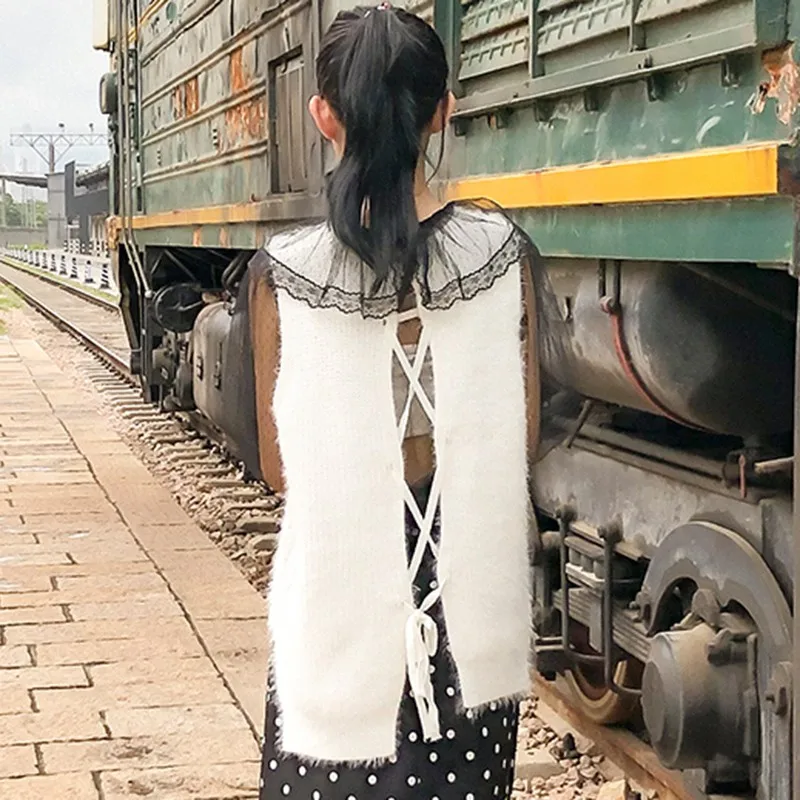 

Early Autumn Woman Casual Tshirts Korean Style Fashion Loose Cute Doll Collar Long Sleeve Lace Mesh Bottoming Top T-Shirt