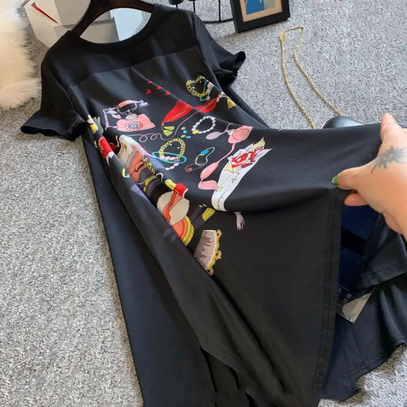 

Summer Dress Women New Large Size Slimming Loose Fashion Belly-covering length Black Spliced Printing Vintage Oversized Dress