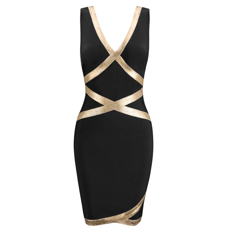 

INDRESSME 2020 Women New Fashion Tank V Neck Stripe Gold Stampin Sleeveless Bandage Dress Party Club Knee Length Bodycon Dress