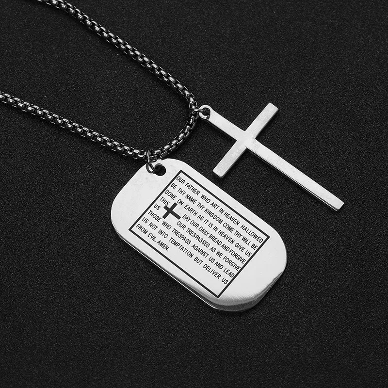 Military Style Dog Tags Cross Pendant Necklace Christian Lord's Prayer Bible Verse For Men Women Stainless Steel Charm Choker |