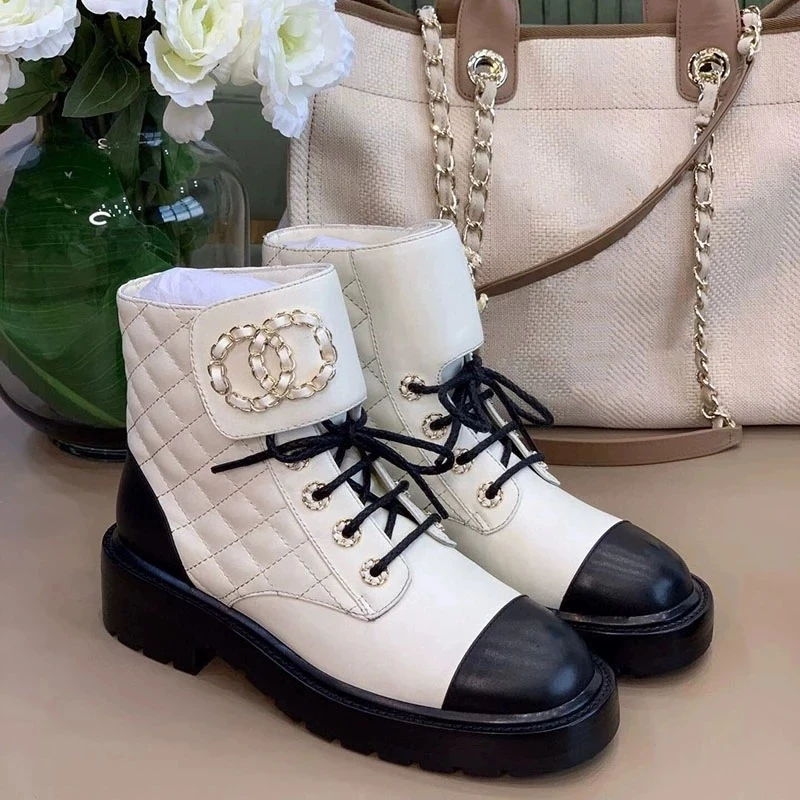 

2021autumn and winter women's boots thick-soled non-slip round-toe lace lace-up diamond boots Xiaoxiang short boots Martin boots