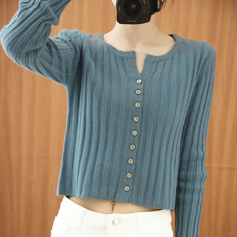 

2020 Spring and Autumn New Short Paragraph 100% Pure Cardigan Woman V-Neck Cardigan Jacket Jacket Female Pumping Slim