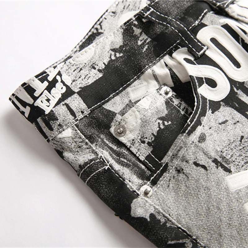 New European American Men's Jeans Flowered Trousers Digital Print Trousers Slim Fashion Stretch Small Foot Casual Pants
