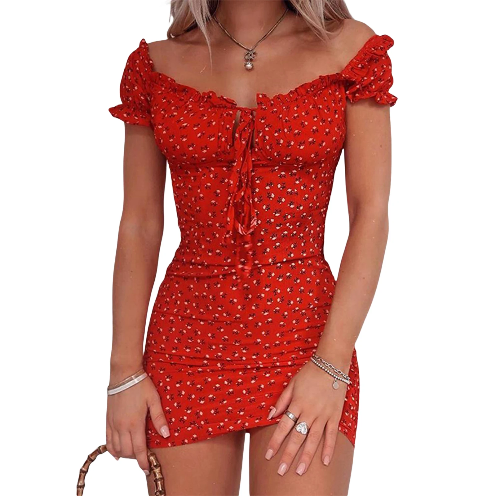 

New Women Floral Wrap Dress Off Shoulder Tie Up Front Ruffle Mini Dress Summer Office Lady Slash Neck Printed Pencil Dress