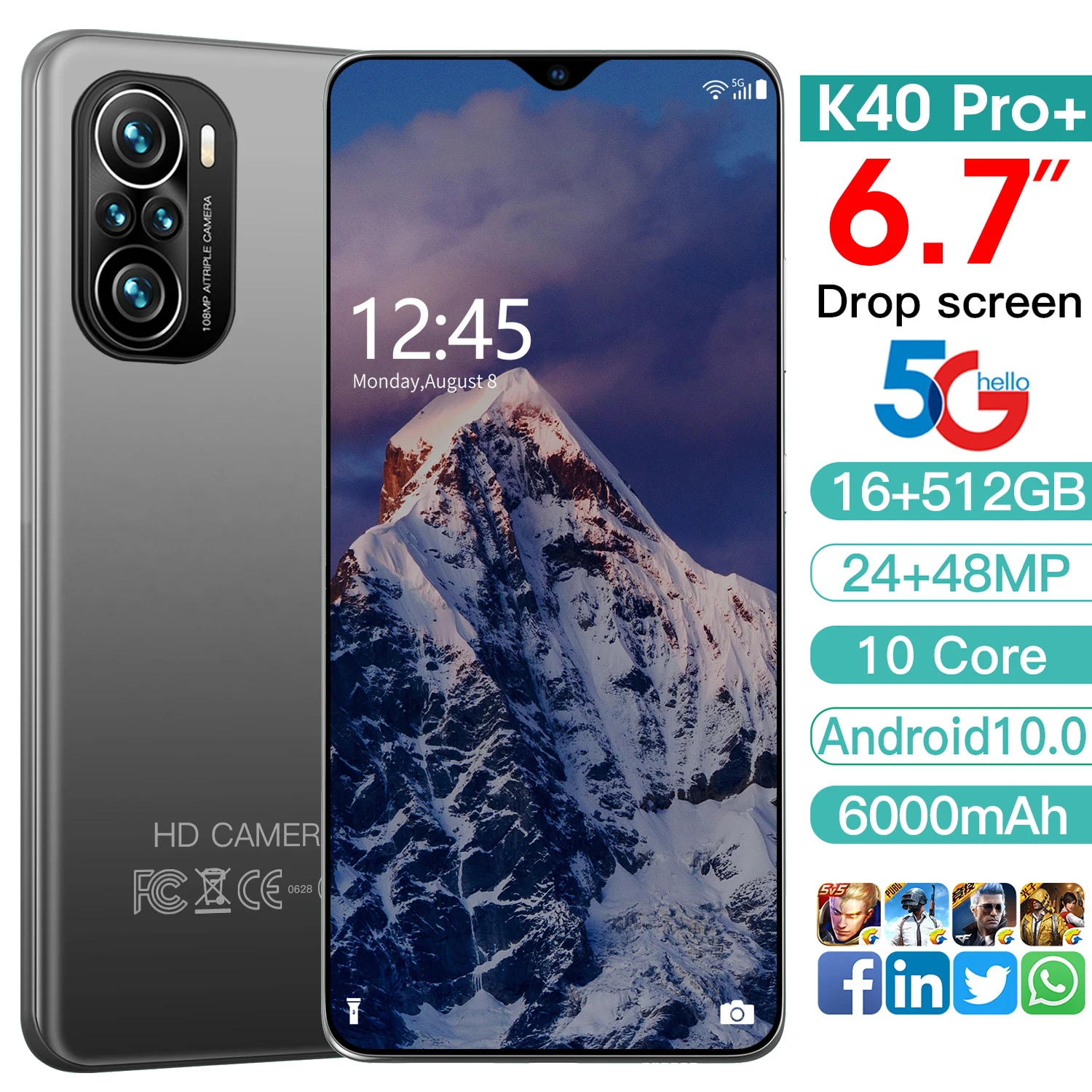 

K40 Pro+ Smartphone 6.7Inch 6000mah Android10 Dual SIM 5G 24+48MP HD Camera Fingerprint Unlock 16+512GB Global Version CellPhone