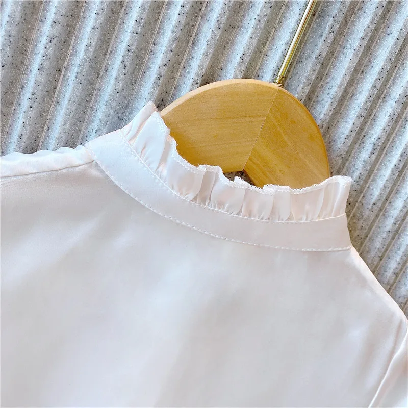 

OHMETOY Fashion Korean Loose Little Girls Long Sleeve Shirt Two Piece Set Blouse Cute White Long Tops Autumn Children Costume