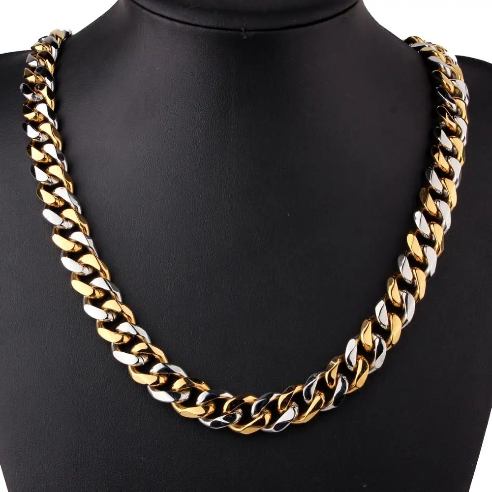 

10/13/15mmSilver Color&Gold Curb Cuban Link Chain Necklace Hip hop Stainless Steel Chains Jewelry Men Women Necklace Or Bracelet