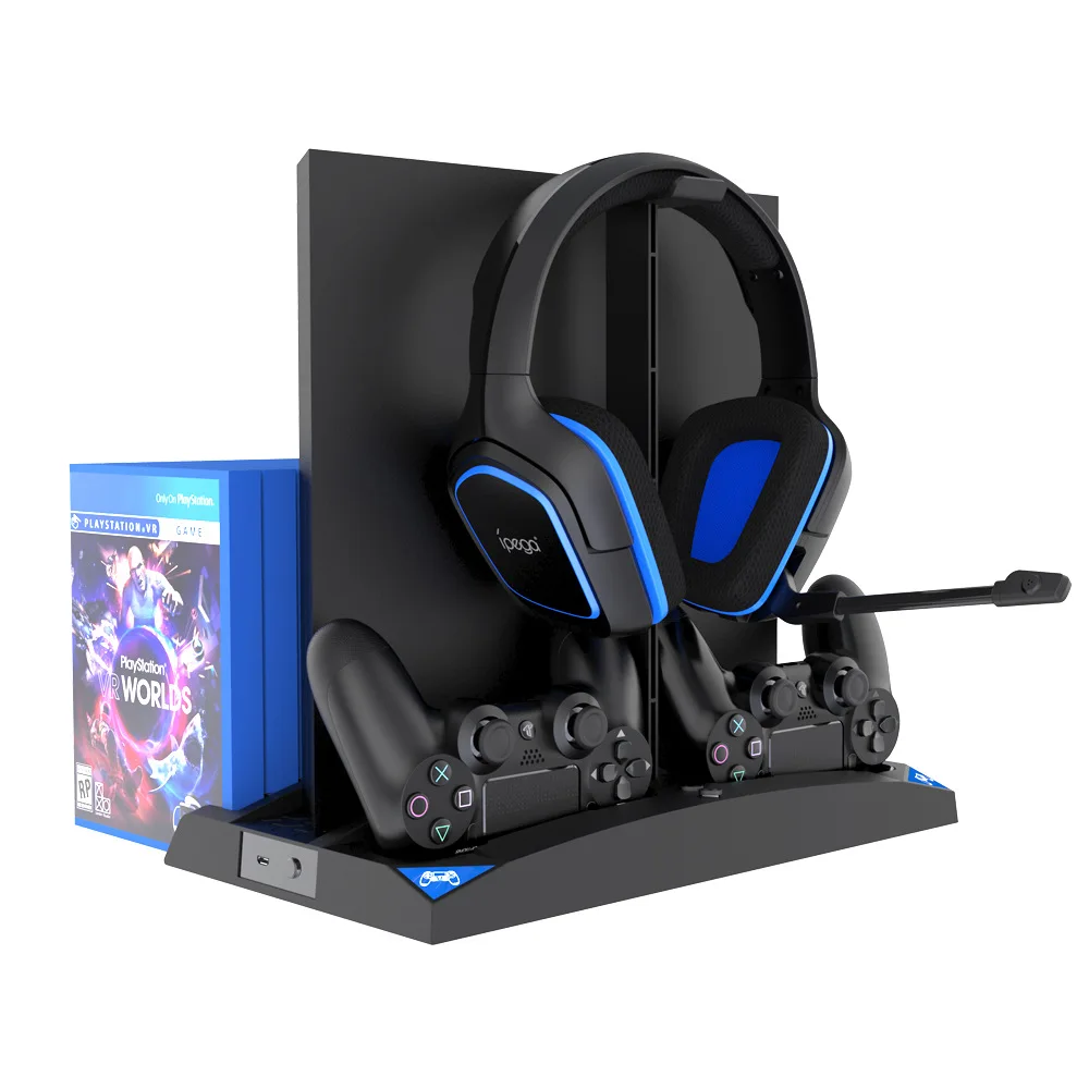LED Vertical Headset Stand Cooling Fan Dual Controller Charger Dock Charging Station Game Disc Storage for PS 4/Slim/Pro Console |