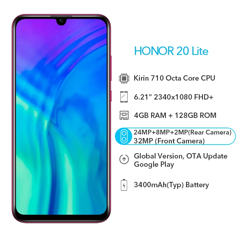 Смартфон глобальная версия Honor 20 Lite 4 Гб 128 ГБ Восьмиядерный процессор Kirin 710