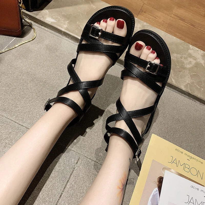 

Beige Heeled Sandals Fashion Womens Shoes 2021 All-Match Black Luxury Clear Gladiator Summer Low Flat Comfort New Girls Beach