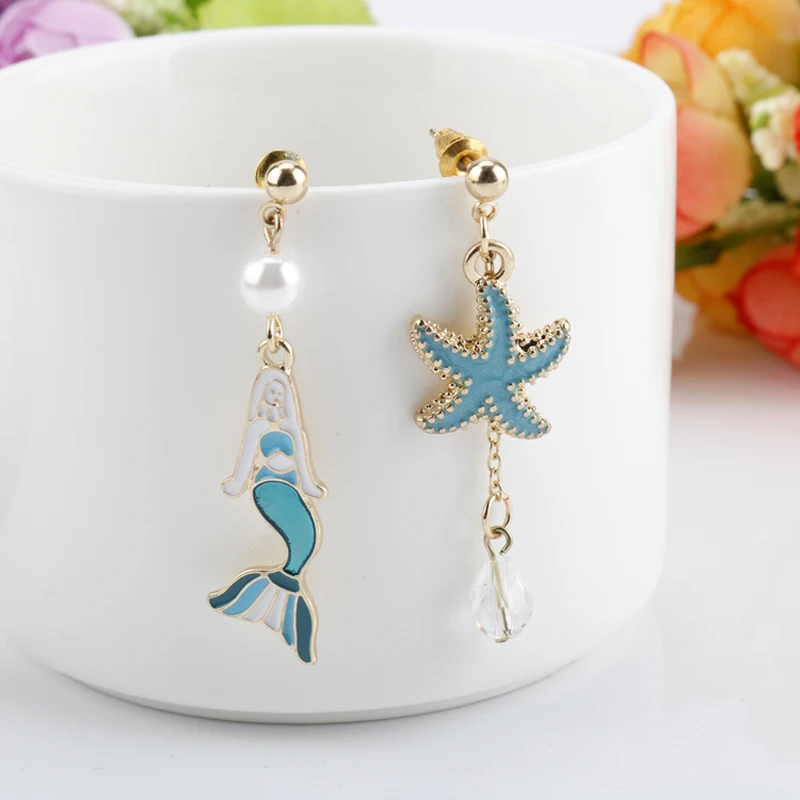 Серьги из шелка синего цвета фасона рыбий хвост в виде морской звезды Форма кулон