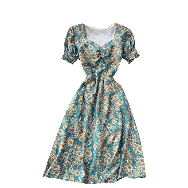 

Elegant Vintage Floral Print Chiffon Long Dress for Women Summer 2021 Ruffles Short Puff Sleeve Folds V Neck Slit Midi Dresses