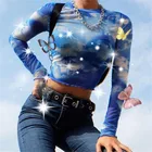 Новый популярный женский сексуальный укороченный топ с принтом, сетчатая Прозрачная Футболка с длинным рукавом, облегающие топы, Клубная одежда, футболка, лето