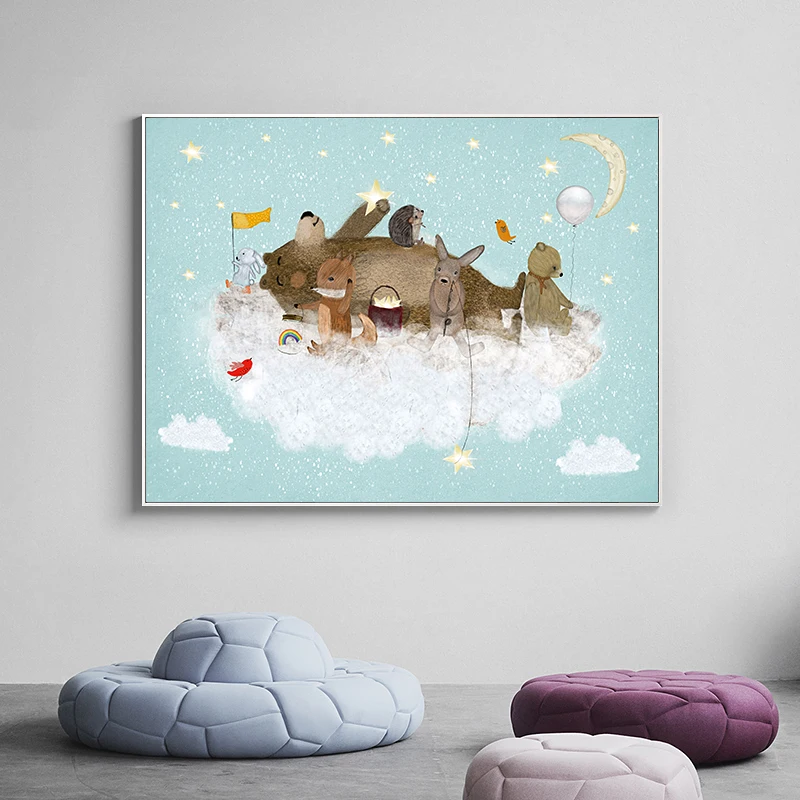 

Милые животные с воздушным шаром, флаг на облаке, звездное небо, мультяшный стильный настенный постер, Картина на холсте для дома, детской ко...
