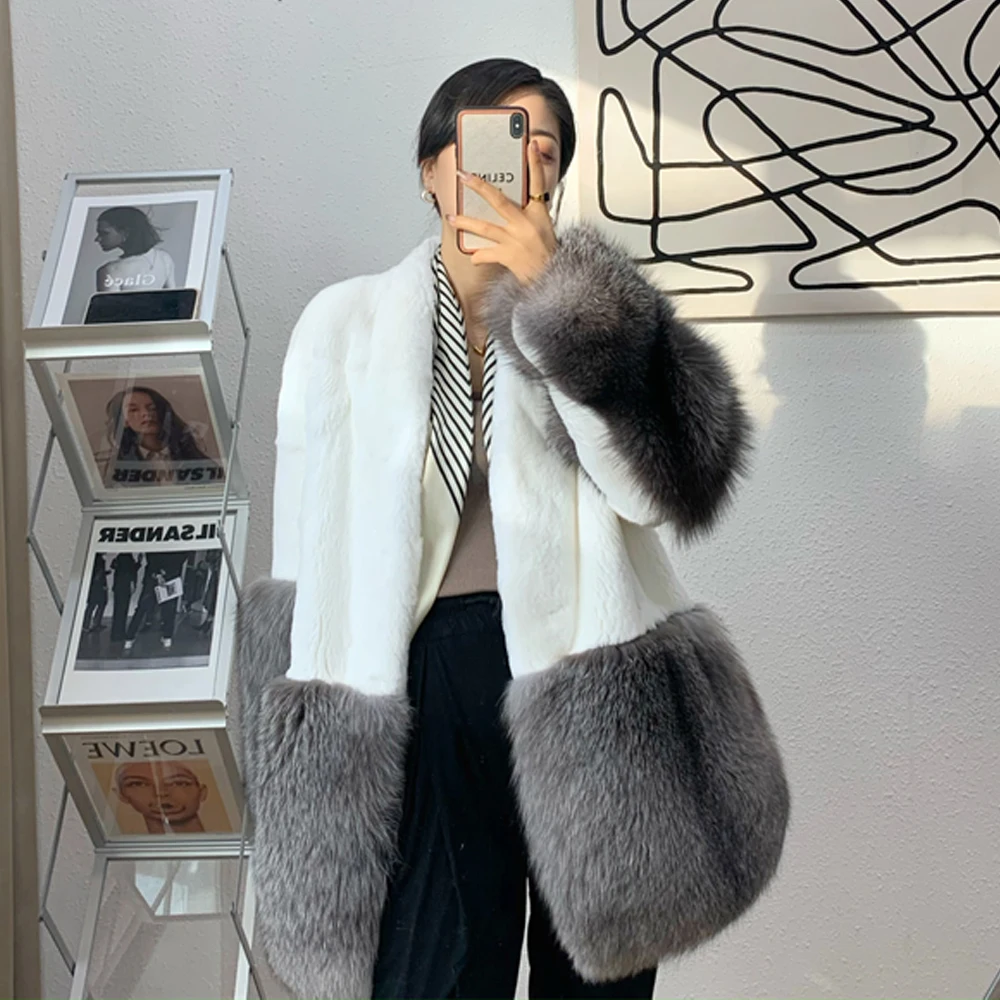 

Real Fur Coat for Women 2021 Winter New Imported Silver Fox Stitching Rex Rabbit Fur Mid-length Fur Coat Thick Warm Fur Jacket