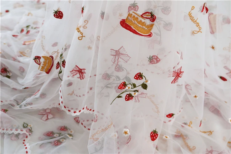 

Soft mesh yarn fresh flower strawberry mesh lace fabric handmade cloth dress skirt fabric home decoration material by the meter