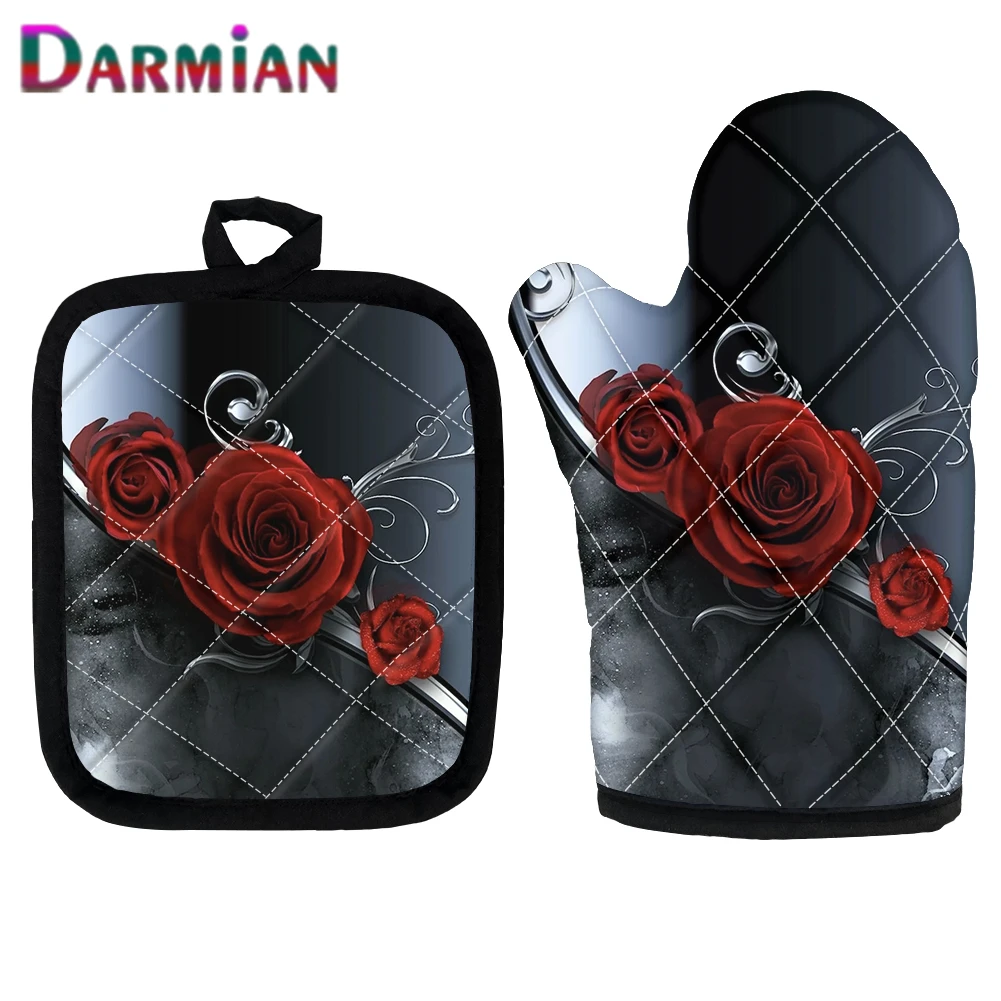 

DARMIAN Fashion 3D Red Rose Print Anti-Scalding Oven Grill Gloves Potholder Set of 2 Kitchen Microwave Oven Gloves Baking Mitts
