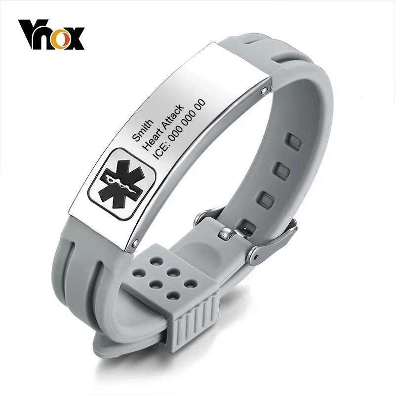 

Vnox Free Engraving Medical Alert ID Bracelets for Women Men Personalized Stainless Steel Bar Adjustable Length Emergency Jewels