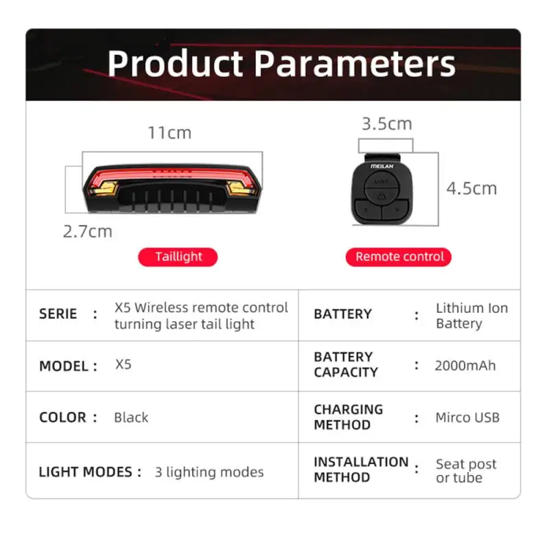

MEILAN X5 Bike Brake Light Flash Tail Light Rear Turn Bicycle Wireless Remote Control Turning Cycling Laser Safety Line Lights