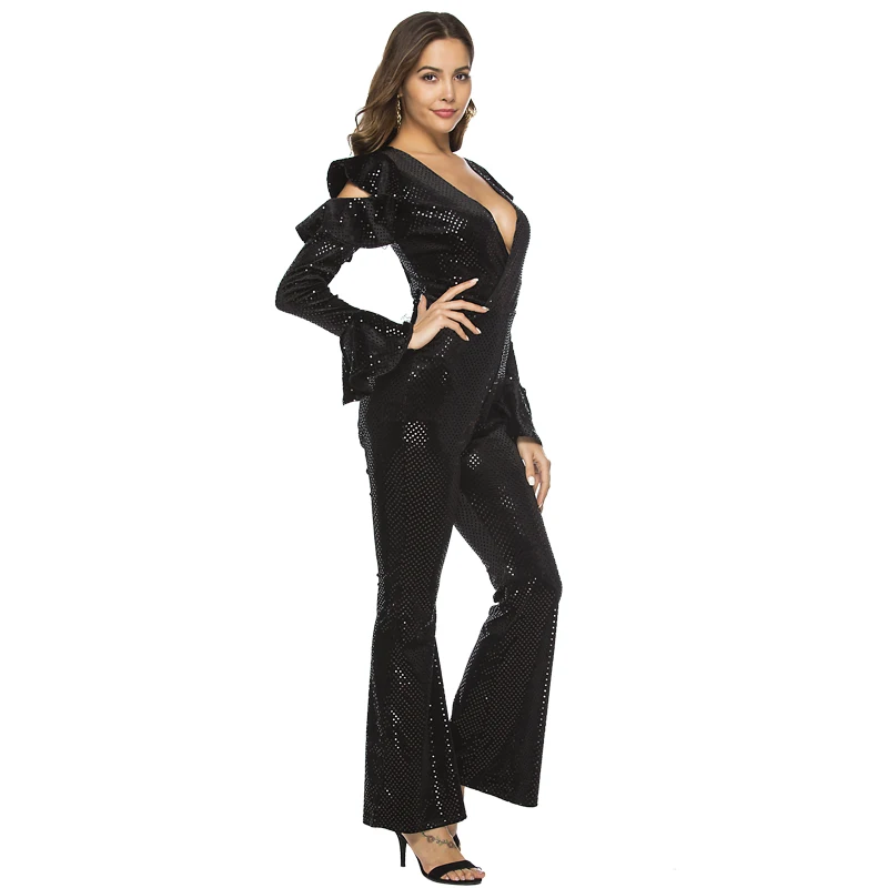 

Black Sequins Jumpsuit Sexy Women Deep V Neck Ruffle Bell Long Sleeve Romper Cold Shoulder Falre Pant Trousers Playsuit Overalls
