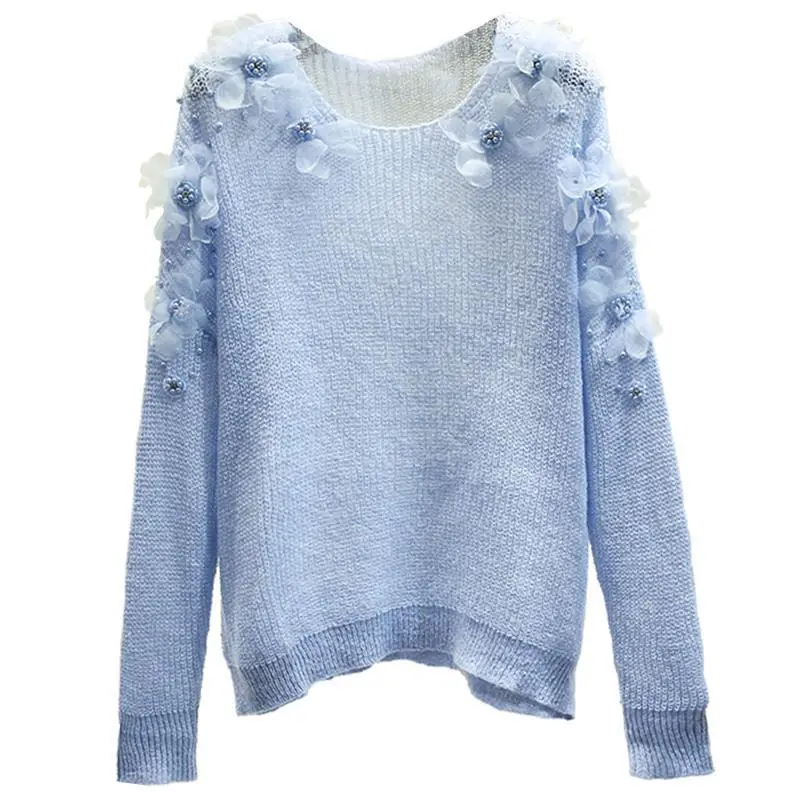 

2021 New Spring Autumn Women Heavy Industry Beaded Three-Dimensional Flower Long Sleeve Sweater O-neck Loose Ladies Jumper Y561