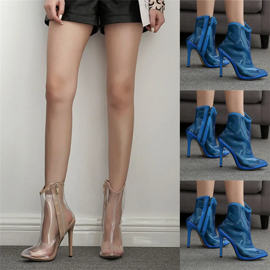 Прозрачные ботинки на молнии высоком каблуке женские ботильоны в европейском и