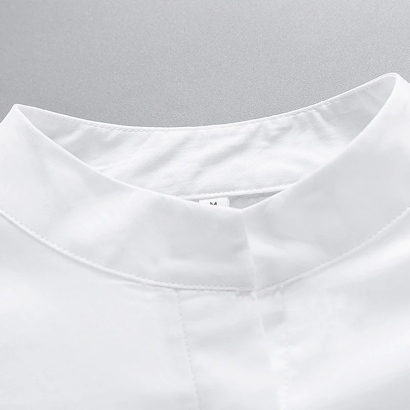 

Women's White Shirt Sleeveless Shoulder Pad Ladies Shirts Stand Collar Pockets Elegant All-match 2021 Female Tops Simple Casual