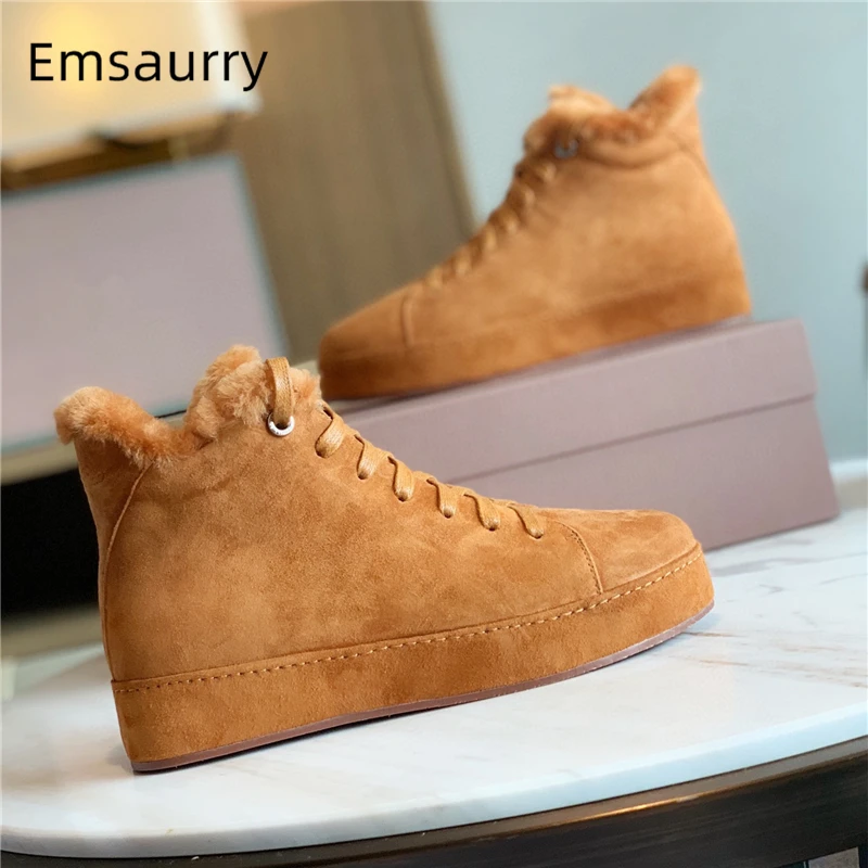 

Luxury Real Wool Fur Snow Boots Women Flat Heel Cross-Tied Quality Suede Winter Casual Short Booties For Girls