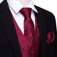 solid red vest for men waistcoat v neck silk suit vest paisley tie handkerchief cufflinks wedding party high quality barry wang
