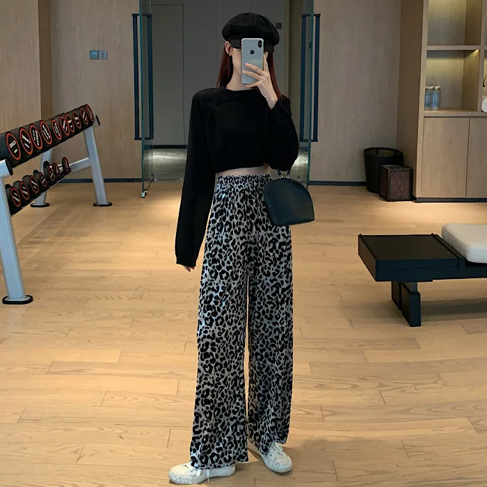 

Korean Fashion Leopard Straight Wide Leg Pants Female Loose High Casual Long Capris Autumn Women's Clothing Hipster Sweatpants
