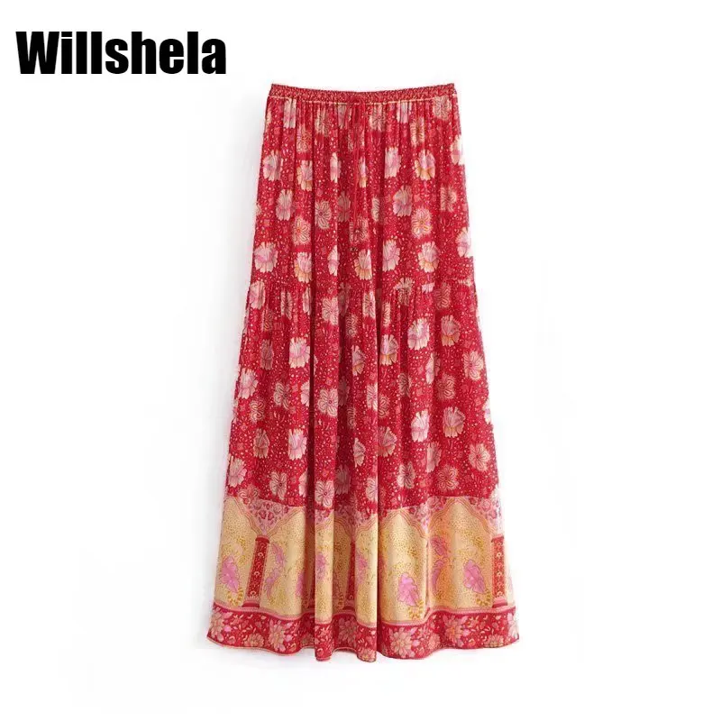 

Willshela Women Fashion Printed Pleated Midi Skirt Vintage High Waist Elastic Waist Chic Lady Female Skirts