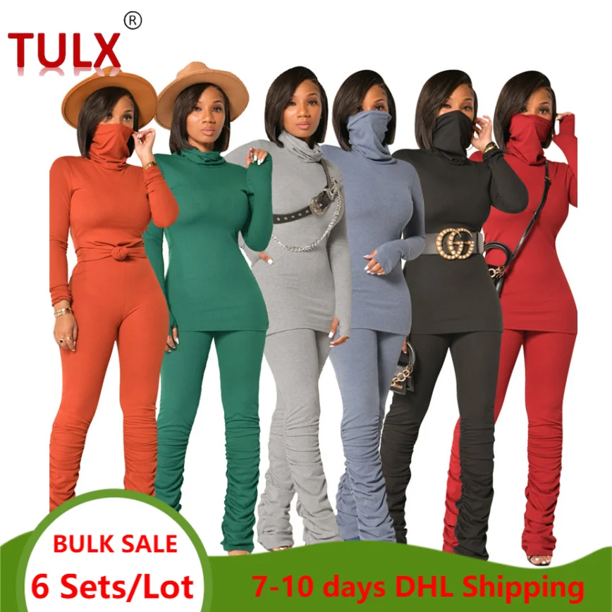 

Оптовая продажа повседневных женских нарядов, комплект из 2 предметов, однотонная женская водолазка с капюшоном, штаны в складку, костюм для йоги и бега, 6519