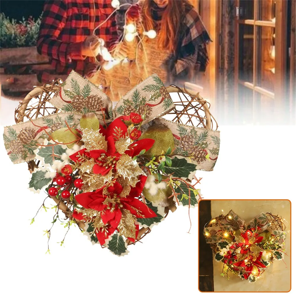 

Xmas Door Wreath Christmas Flower Heart Shape Ribbon Berry Wreath Front Door 2021 Happy New Year Naviidad Door Pendants