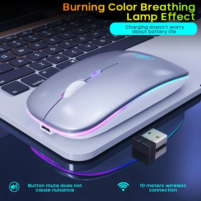 

2.4Ghz Wireless Bluetooth Mouse RGB Computer Silent Mouse Rechargeable With LED Light USB Optical Wireless Mouse For PC Laptop