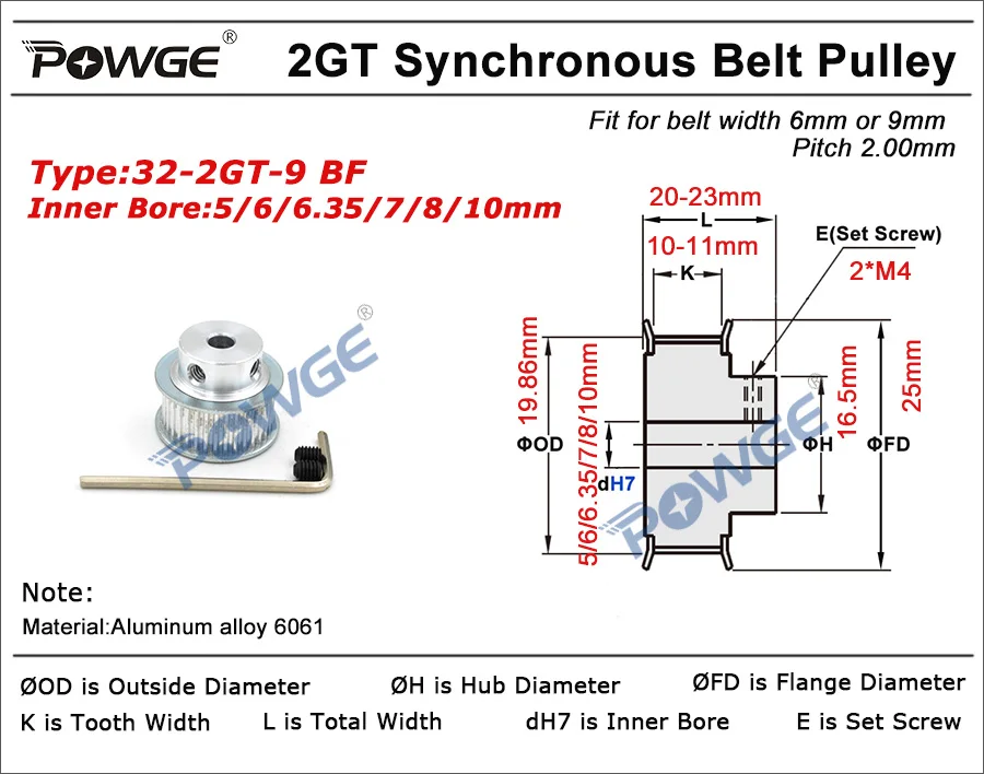 1 шт. синхронный шкив POWGE 32 2 м Гт диаметр 5 мм 6 35 8 ширина 9 мм|pulley bore|2gt pulleygt2 pulley |