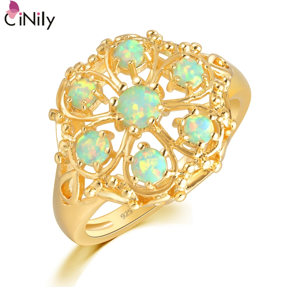 

CiNily Green Fire Opal Rings With Stone Yellow Gold Color Flower Flora Lace Round Ring Bohemia BOHO Luxury Large Jewelry Female