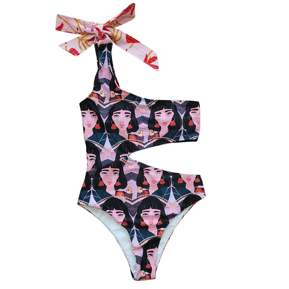 

2021 new one shoulder strap face Abstract print one piece swimsuit sexy bikini