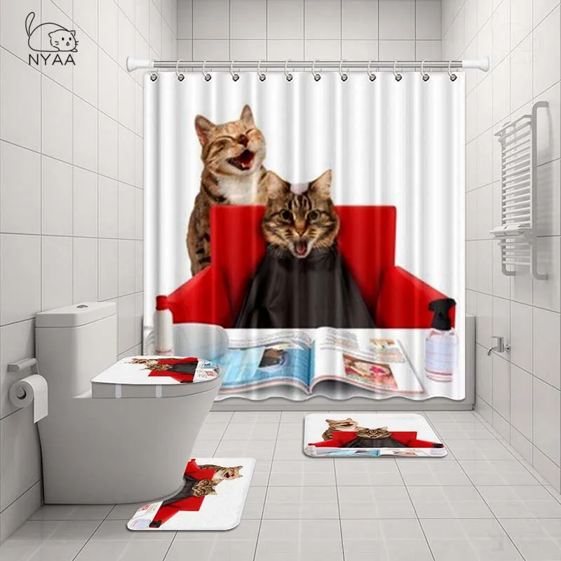 NYAA 4 шт. Британский короткошерстный кошачий душ занавеска пьедестал ковер крышка туалет коврик для ванной коврик набор для декора ванной комнаты - Цвет: NY5289