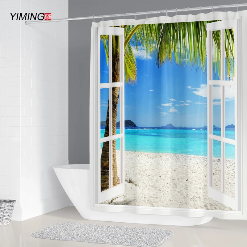 Открытые окна чтобы увидеть приморский пляж с принтом в виде пейзажа полиэстер