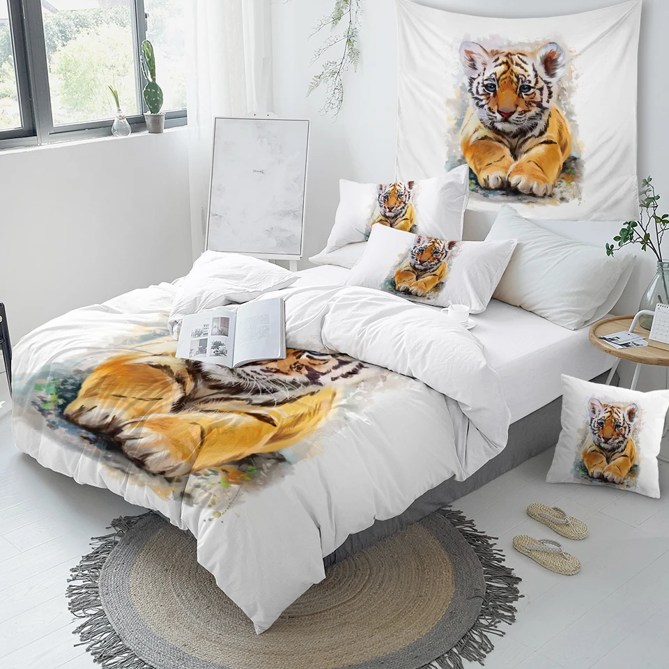 Постельные принадлежности Outlet Tiger комплект детской кровати King акварельный пододеяльник дикие животные домашний текстиль черный белый постельное белье роскошный комплект постельного белья