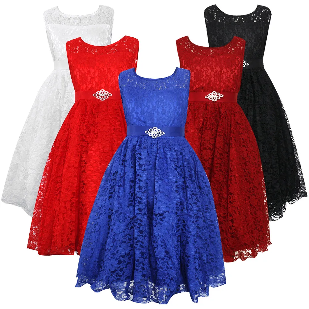 Lace Dress for Girls Sleeveless Artifical Diamond Belt Multi-Layer with Cotton lining O-Neck Summer Daily Dresses