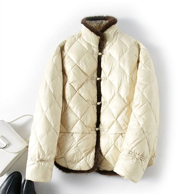 

and winter new women's standing collar and button stitching mink hair diamond lattice light down jacket short coat