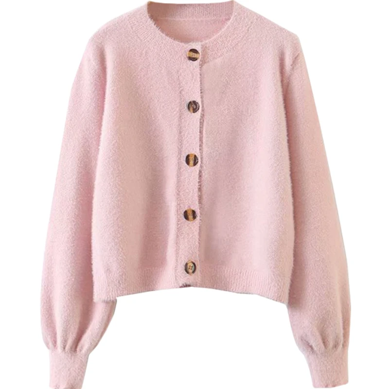 

Sweet Loose Knitted Cardigan Girl Plush Large Buttons Knitted Sweater Retro High Waist Mink-like Knitted Coat