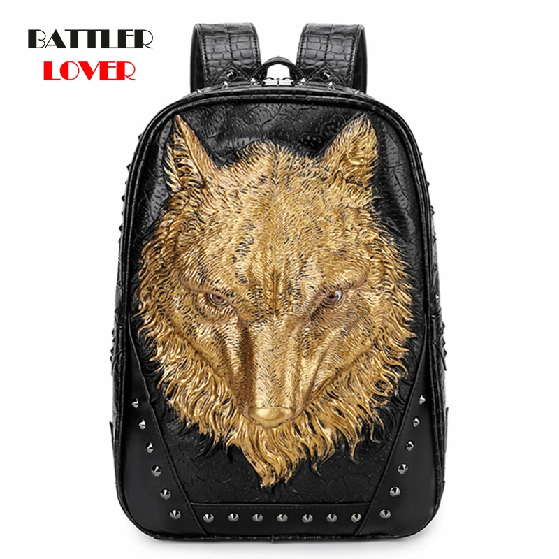 

2021 New Street Trend Men Backpack Male 3D Stereo Wolf Head Shoulder Bag Leather Portable Computer Bags for Women Travel Bagpack