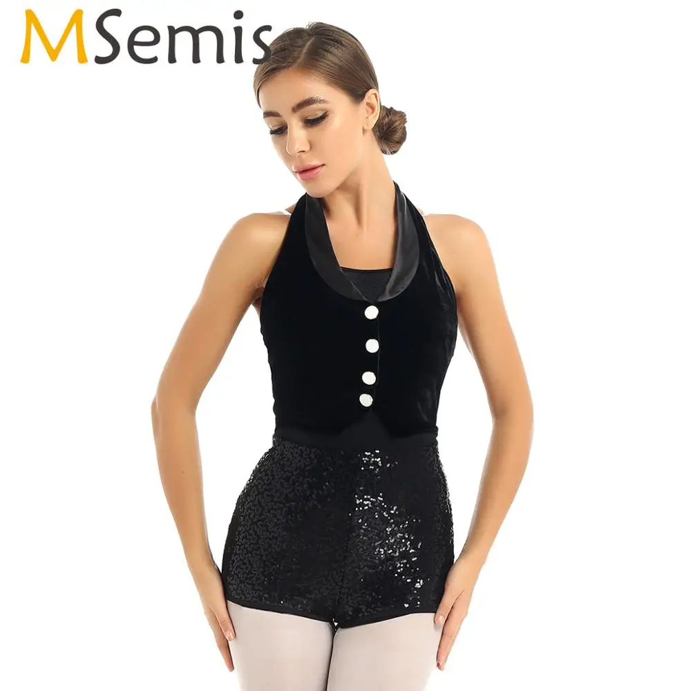 

MSemis Women Jazz Dance Costume Halter Neck Velvet Vest Top Shiny Sequin One-piece Stage Performance Gymnastic Leotard Bodysuit